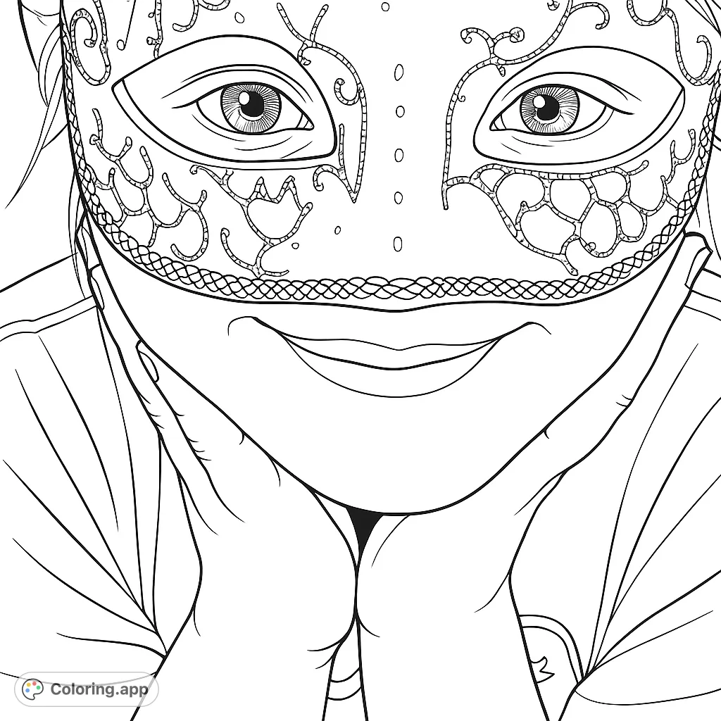 A charming portrait of a person wearing an ornate masquerade mask with intricate patterns, smiling softly, with hands cupping the chin. Perfect for creative expression.