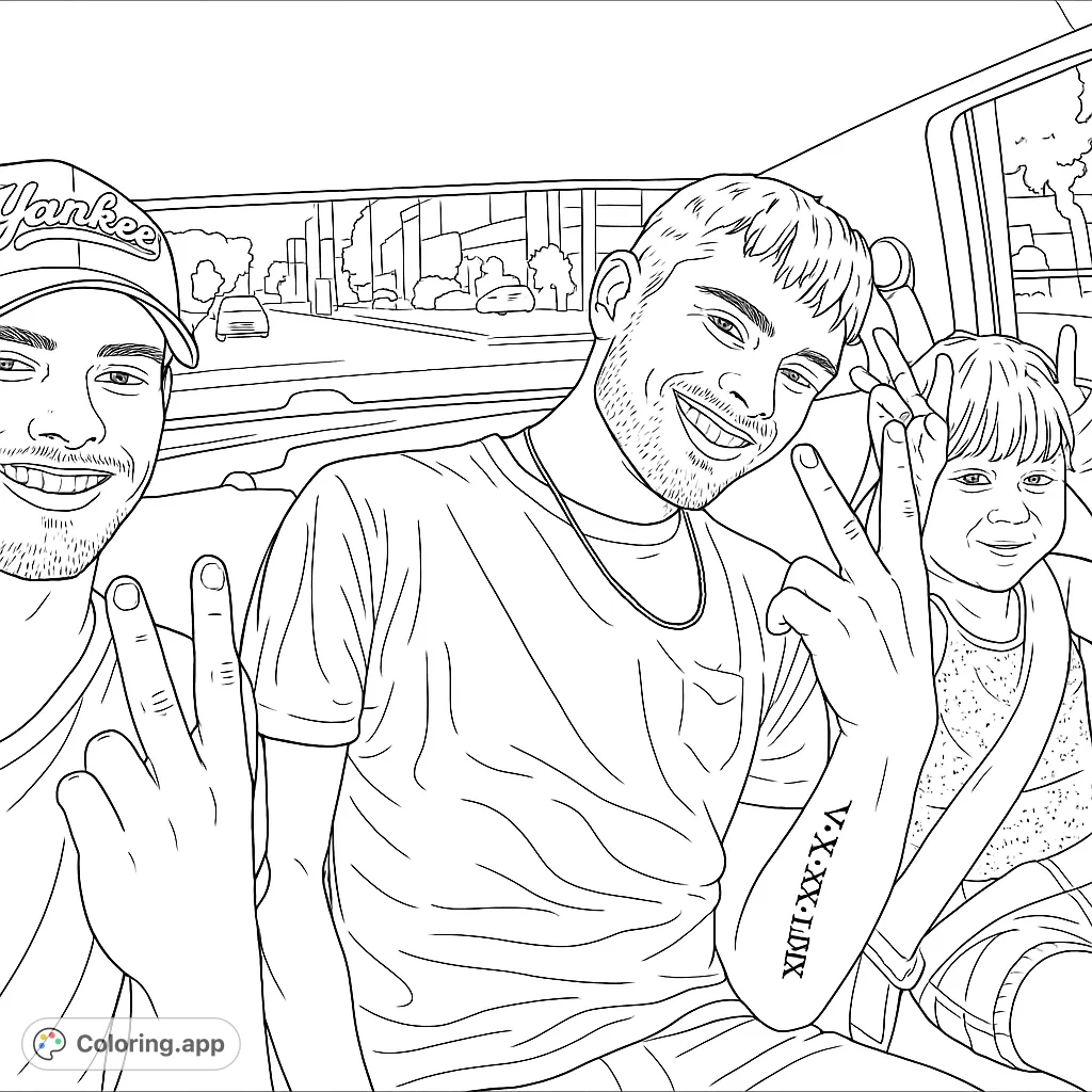 Capture a joyful car ride with friends and family. This happy scene features smiling faces and playful gestures, perfect for a fun coloring adventure.