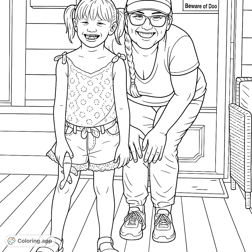 Capture a heartwarming scene of a smiling girl and woman on a porch. Perfect for family-themed coloring, adding your own vibrant touches to this happy moment.