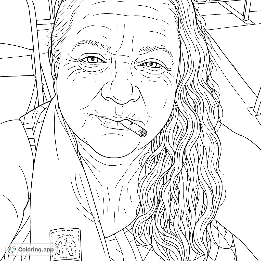 A detailed portrait of an individual with long hair, featuring a rolled item and an outdoor setting. Perfect for adult colorists.