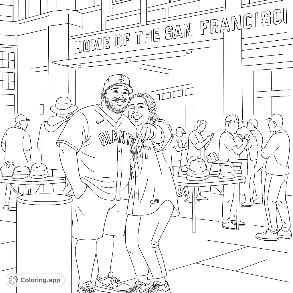 A happy couple in sports jerseys at a stadium, with iconic team signage in the background. Perfect for sports fans and couples.