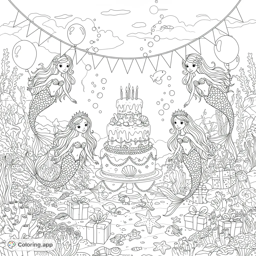 Dive into an enchanting underwater mermaid birthday party scene, complete with festive decorations, playful mermaids, and ocean friends.