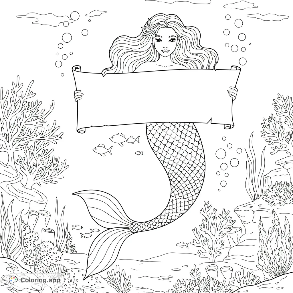 A graceful mermaid holds a blank banner, ready for your personalized message. Dive into an enchanting underwater scene with coral and marine life.