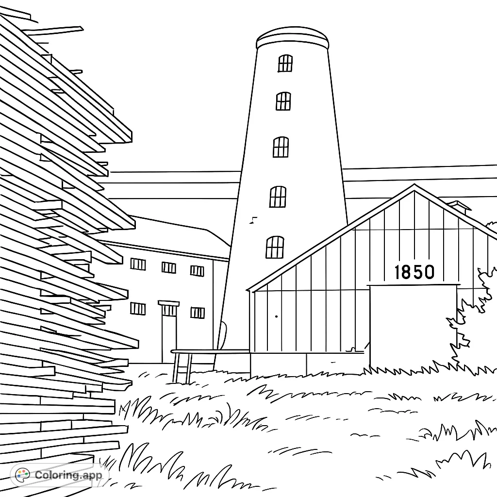 Explore a detailed historic industrial scene featuring a towering structure, a large barn, and a massive stack of lumber, perfect for creative coloring.