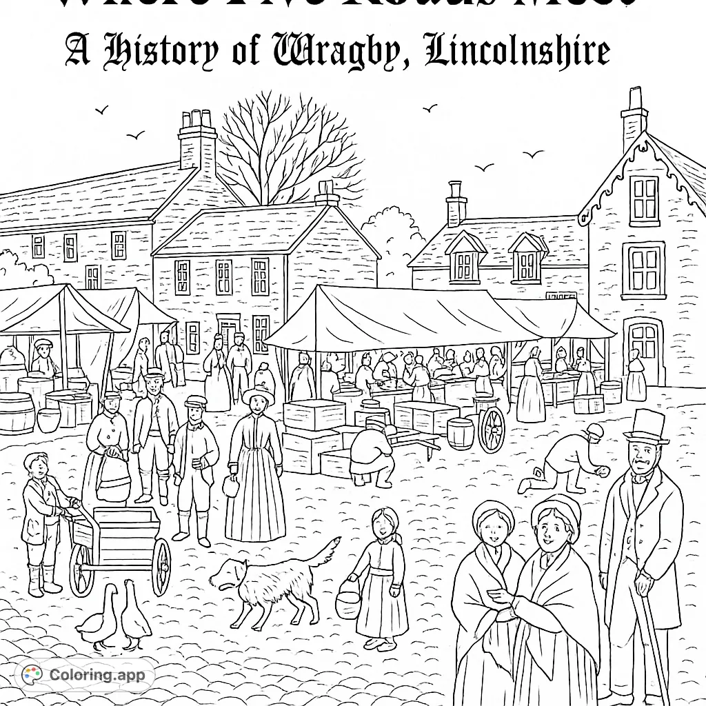 Step back in time to a lively market square, bustling with people, stalls, and historic architecture. A detailed scene for all ages.