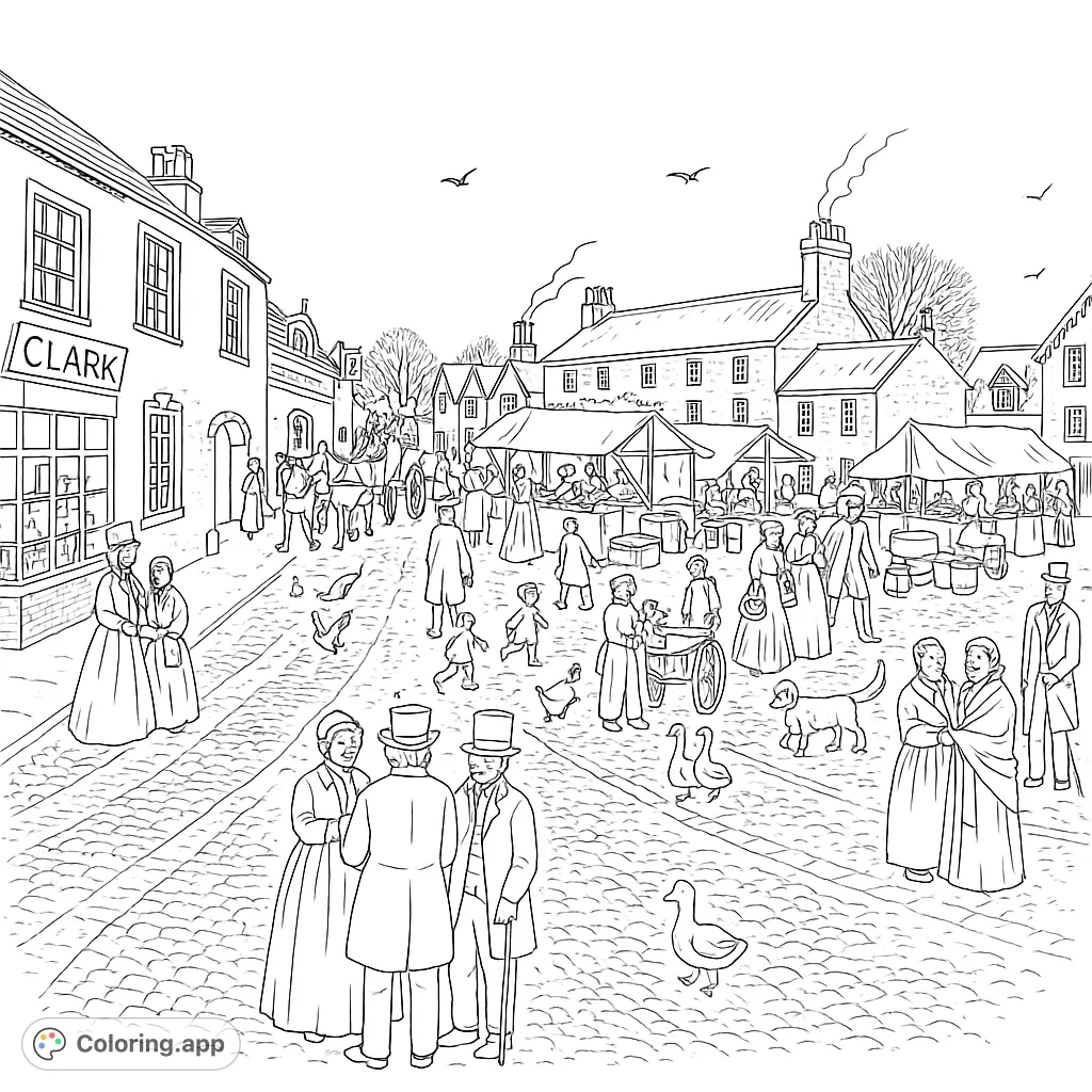 Step back in time with this detailed historic market scene. Explore a bustling town square filled with period figures, market stalls, and classic architecture.