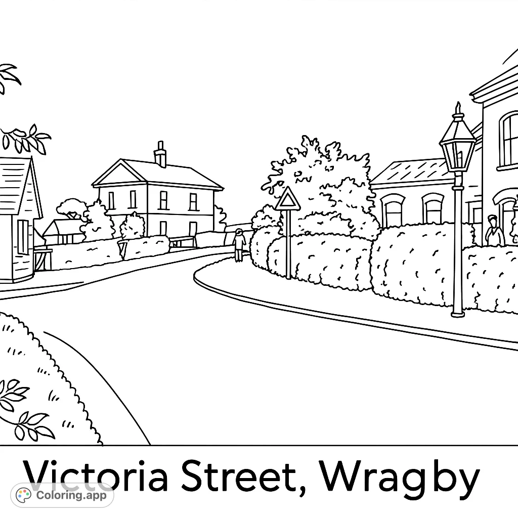 Explore a charming historic village street scene with detailed buildings, winding roads, and lush hedges, perfect for a relaxing coloring experience.