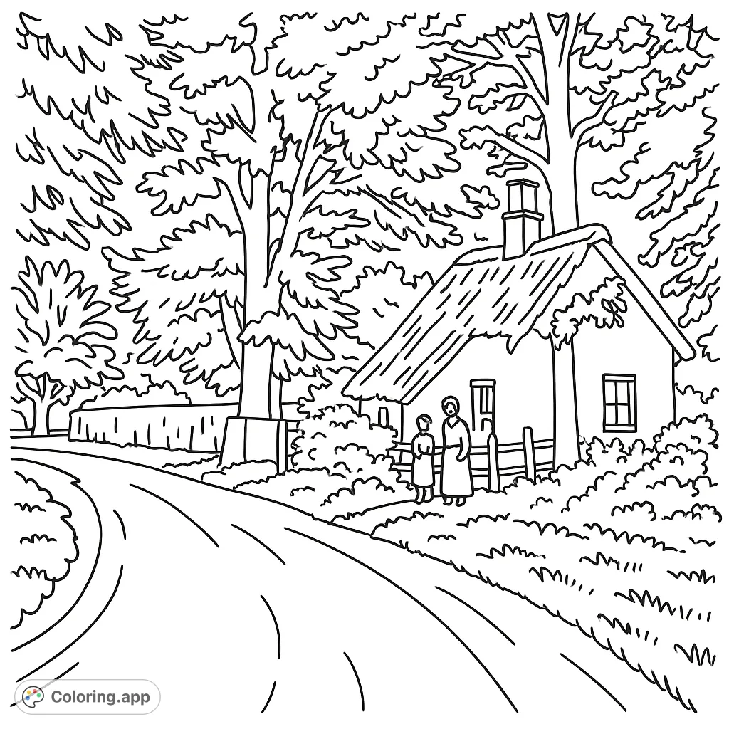 Step back in time with this charming rural cottage scene. Features a quaint home, a family, and lush trees, perfect for a peaceful coloring experience.