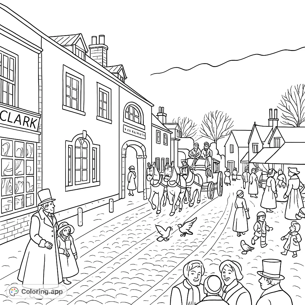 Step back in time with this intricate Victorian street scene coloring page. Features period attire, horse-drawn carriage, and bustling market life.
