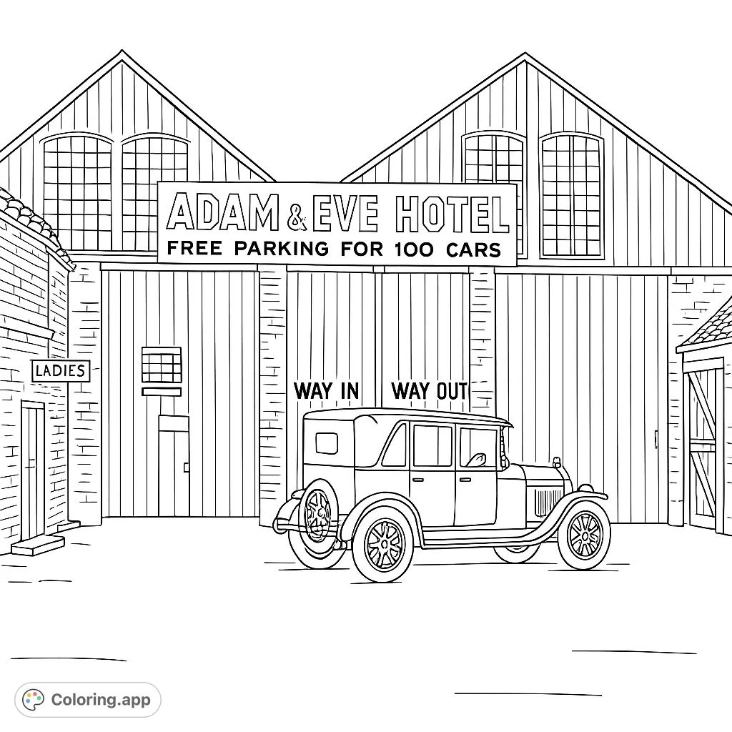 Step back in time with a vintage car parked before the historic Adam & Eve Hotel. A detailed scene for history and vehicle enthusiasts to color.