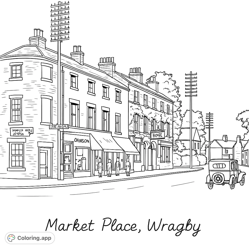 Step back in time with this detailed vintage market place coloring page. Features historic buildings, an old car, and a bustling street scene.