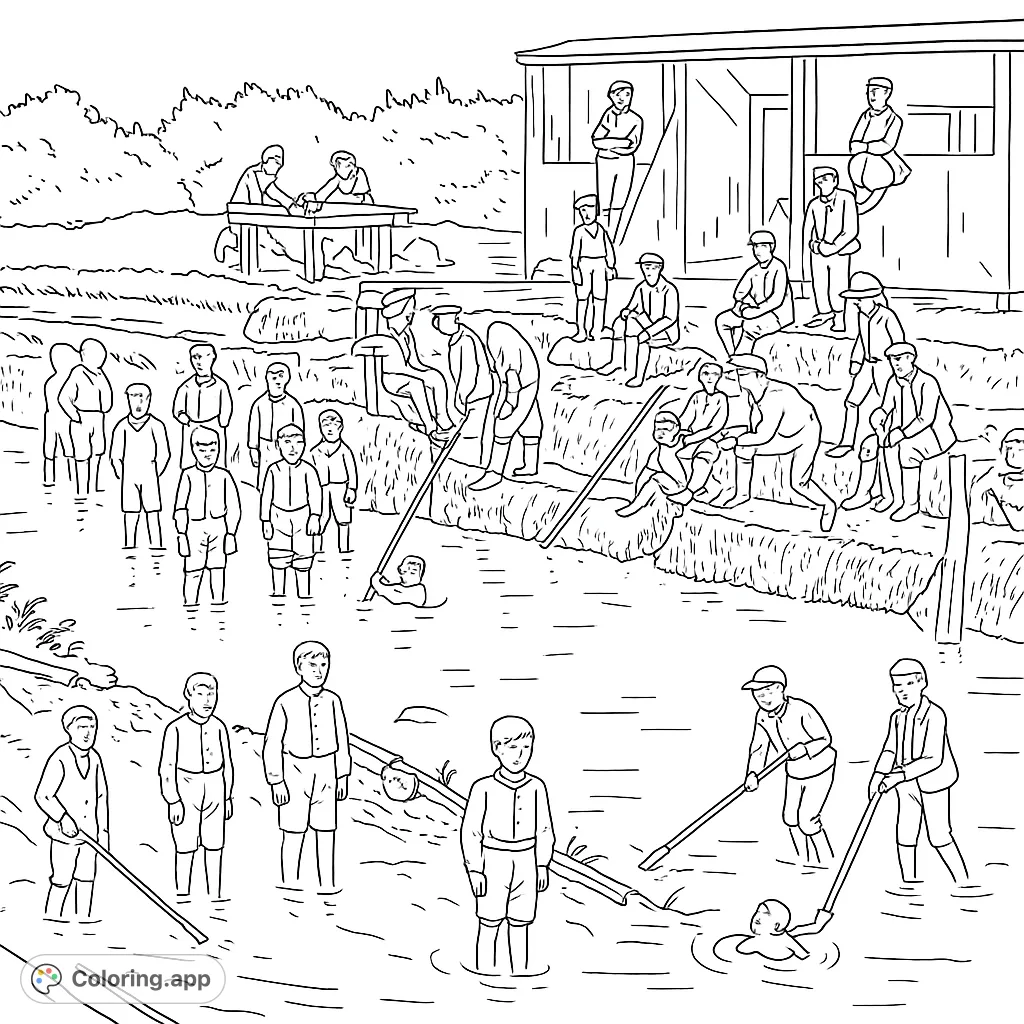 A historical scene depicting a group of boys and young men engaged in a waterway project, some in the water, others on the bank with tools.