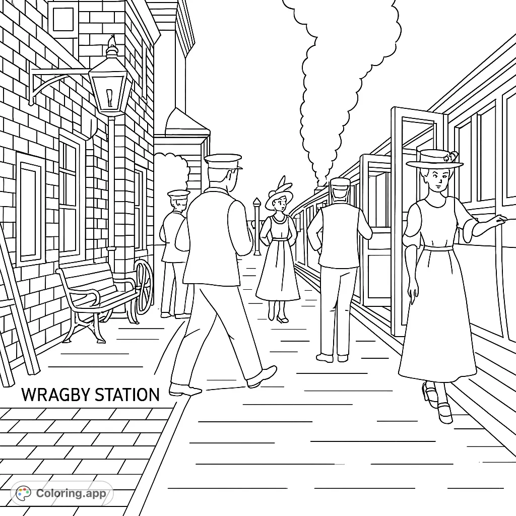 Step back in time to a bustling train station. People in period attire board a steam train, ready for adventure. A detailed historical scene.