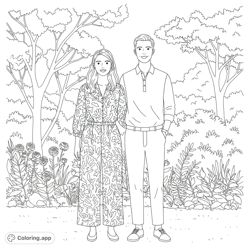 A charming garden scene featuring a smiling couple amidst intricate bare trees and lush foliage, perfect for a relaxing coloring experience.