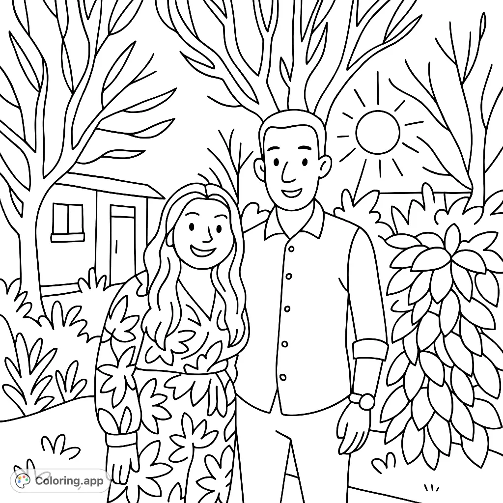A whimsical coloring page featuring a happy couple standing in a playful garden setting, perfect for adding your own creative flair.