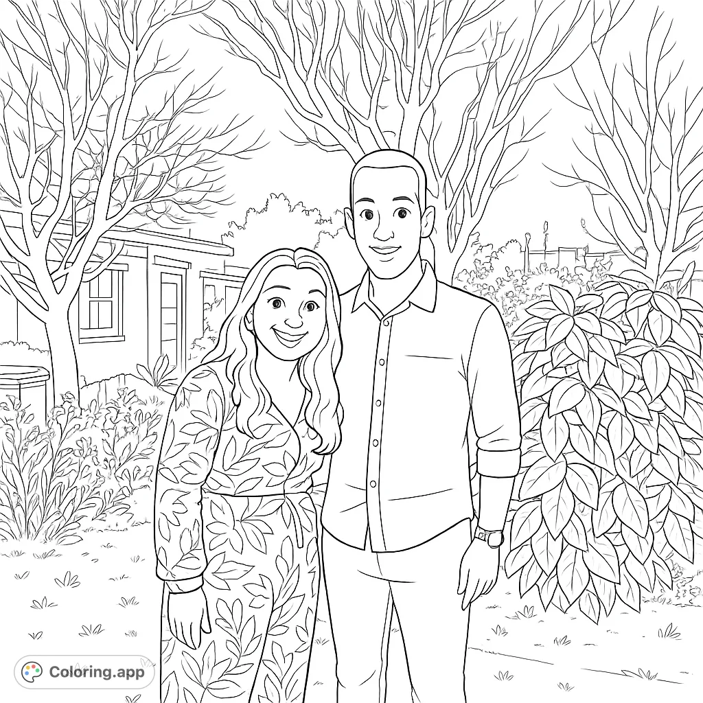 Capture a heartwarming moment with this free printable smiling couple in garden coloring page. Perfect for all ages to personalize with creative flair.