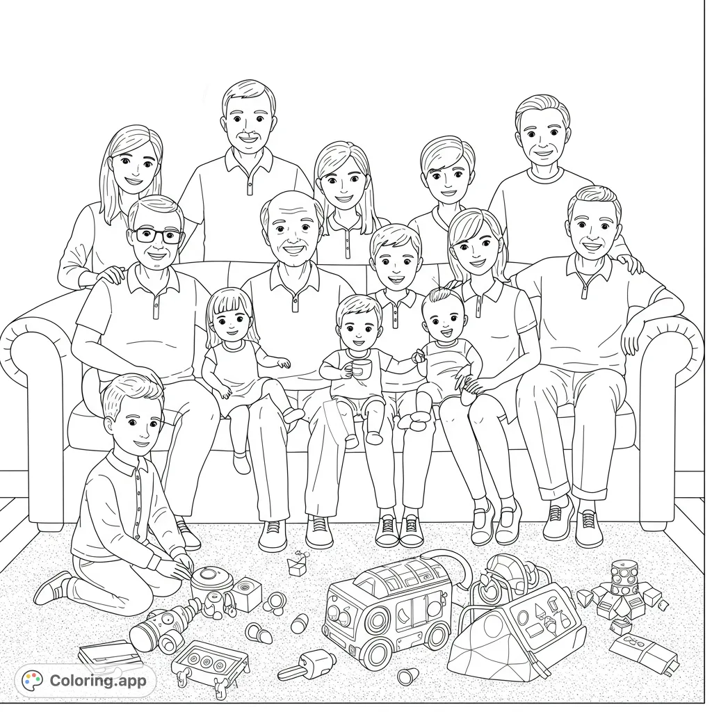 A heartwarming multi-generational family gathering in a cozy indoor setting, perfect for a free printable coloring page. Features adults, children, and a baby.