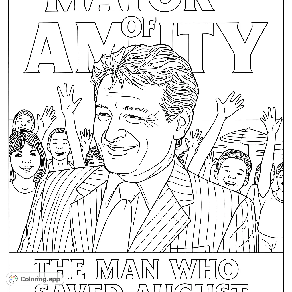 A vintage-style campaign poster featuring the smiling Mayor of Amity, surrounded by cheering children, celebrating a community hero.