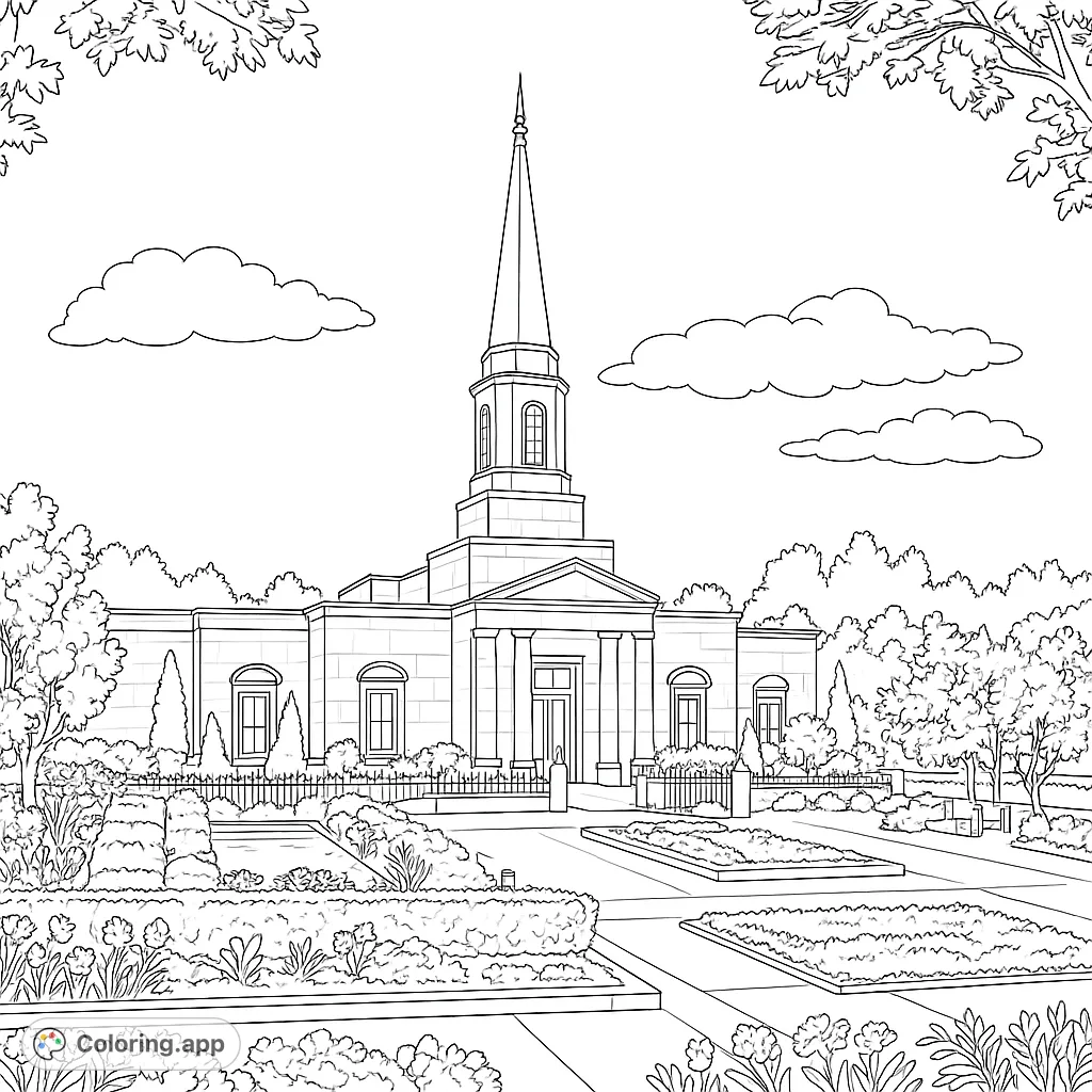 Color a majestic temple surrounded by serene, intricate gardens and a towering spire. A detailed architectural and landscape scene for mindful coloring.
