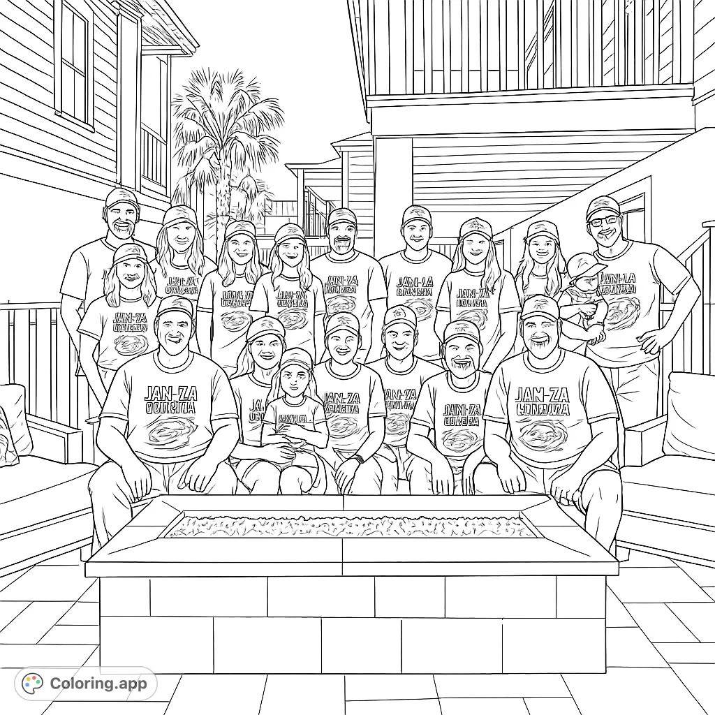 A large family group poses together on an outdoor patio, featuring a fire pit and comfortable seating, perfect for a personalized coloring experience.