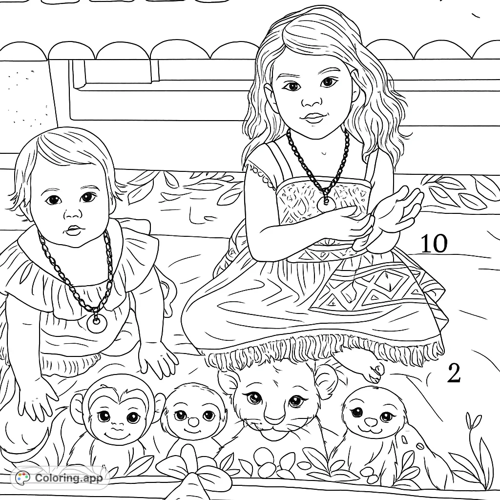 Two adorable children dressed as island princesses, sitting on a jungle animal blanket. A delightful scene for young colorists to explore.