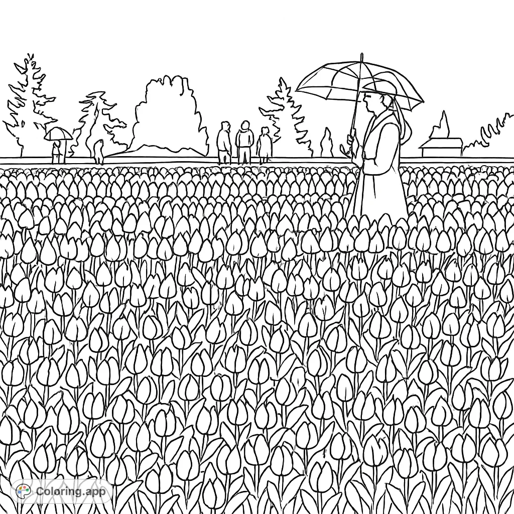 Explore a beautiful flower field coloring page, featuring endless rows of blooms and people enjoying a stroll under umbrellas. A charming and detailed scene awaits your creative touch.