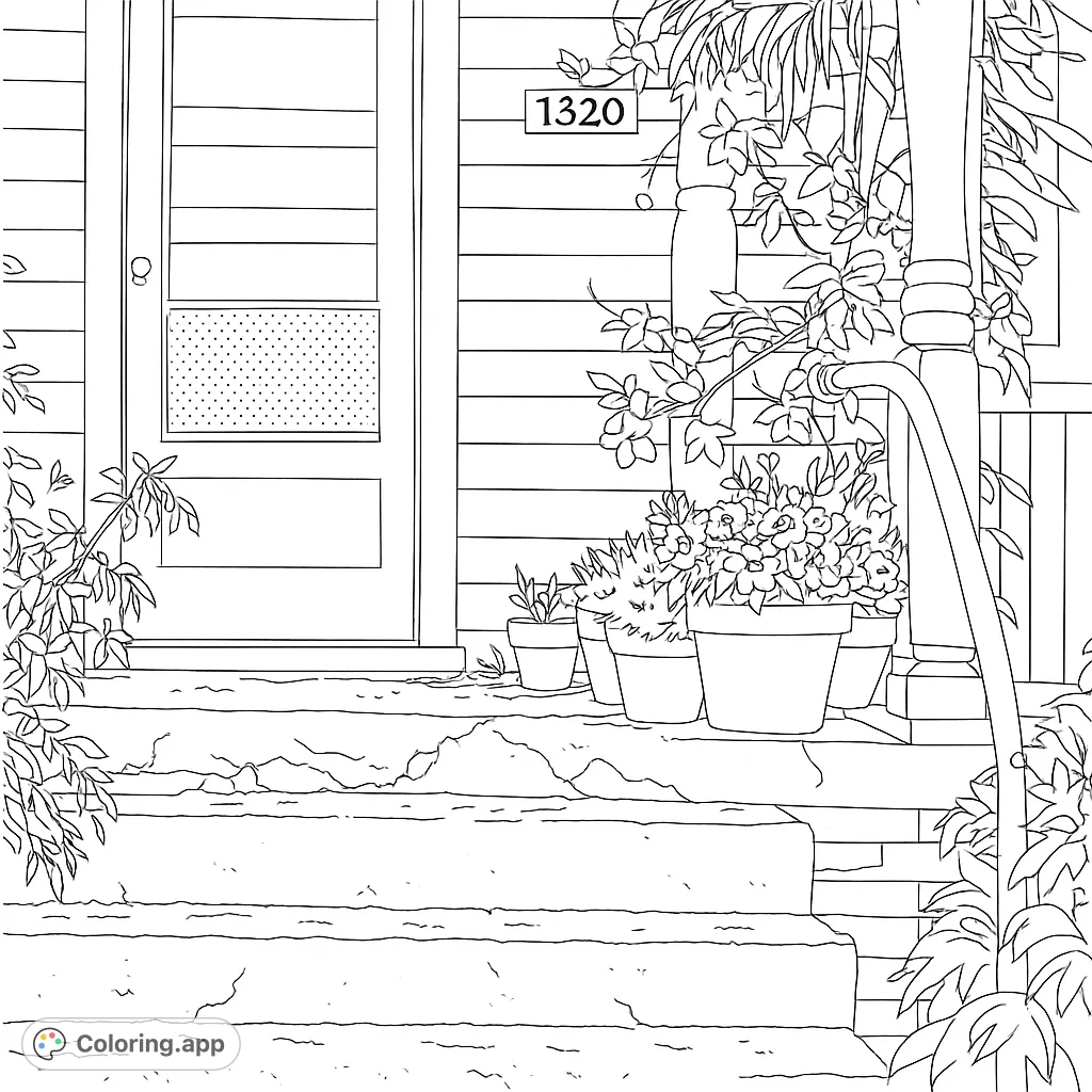 Explore a charming front porch scene with a detailed door, concrete steps, and an array of potted plants, perfect for a relaxing coloring experience.