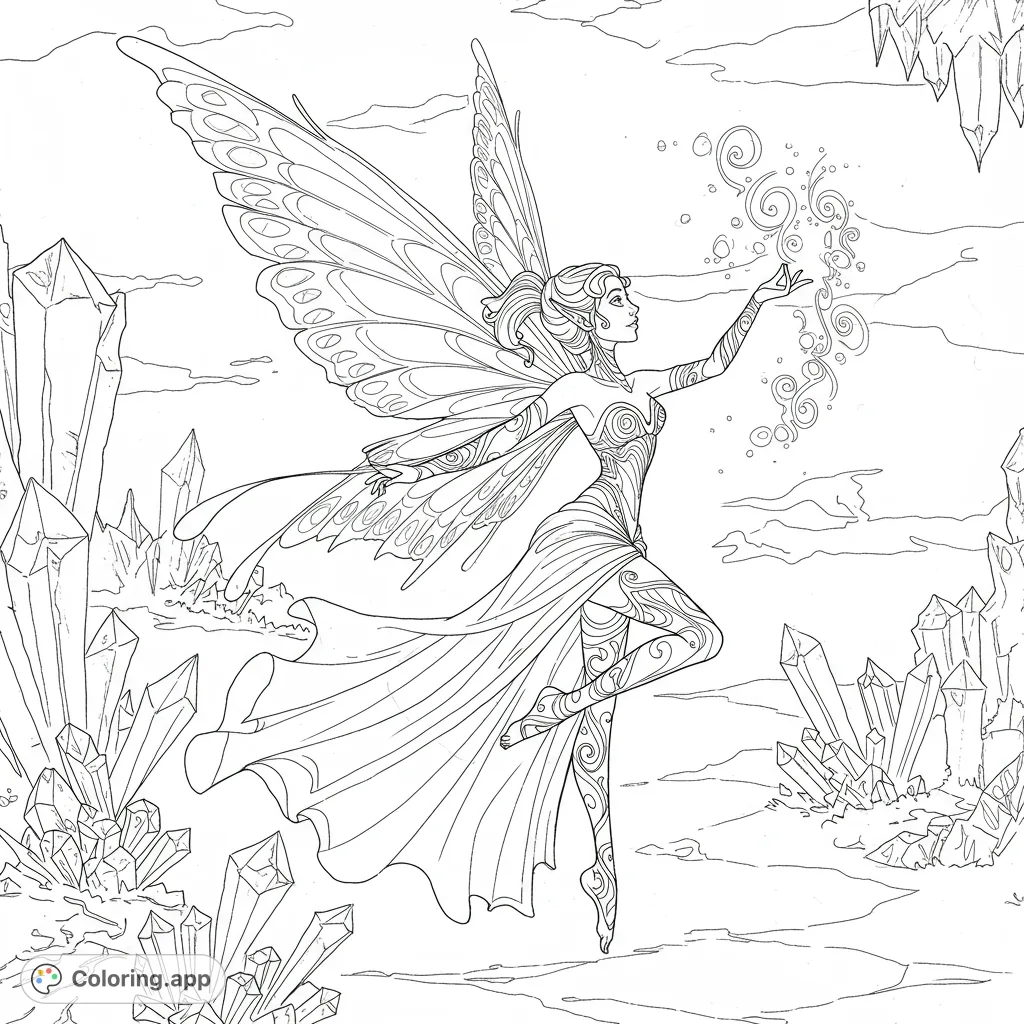 A whimsical fairy with delicate wings and a flowing gown adorned with intricate ink patterns, conjuring crystalline ice formations in an ethereal landscape.