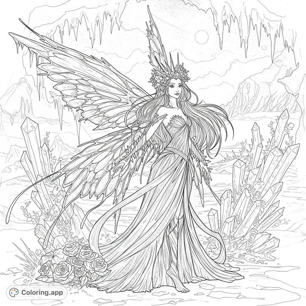 Discover a mystical Ink and Ice Fairy coloring page, featuring intricate patterns and crystalline details. A magical journey for your creativity.