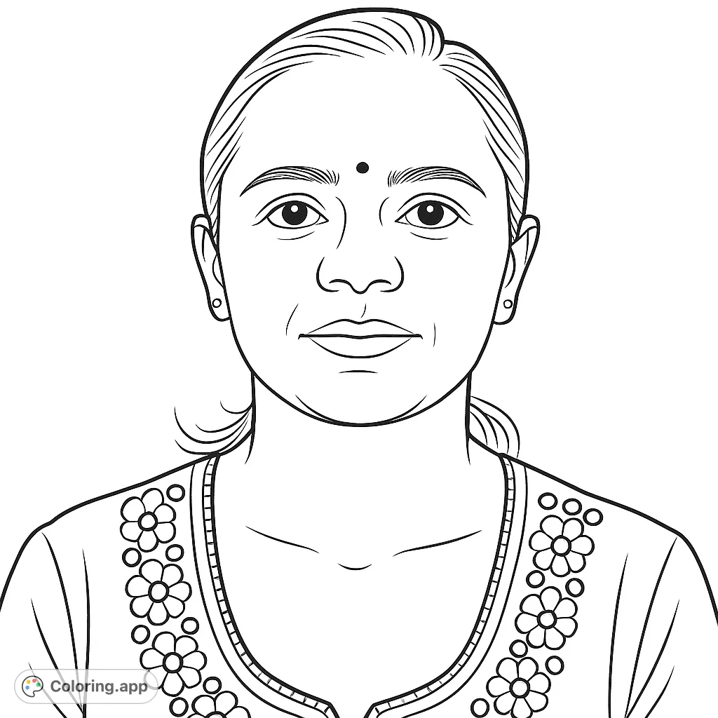 A detailed portrait of a woman featuring intricate floral embroidery on her garment, perfect for a relaxing and creative coloring experience.