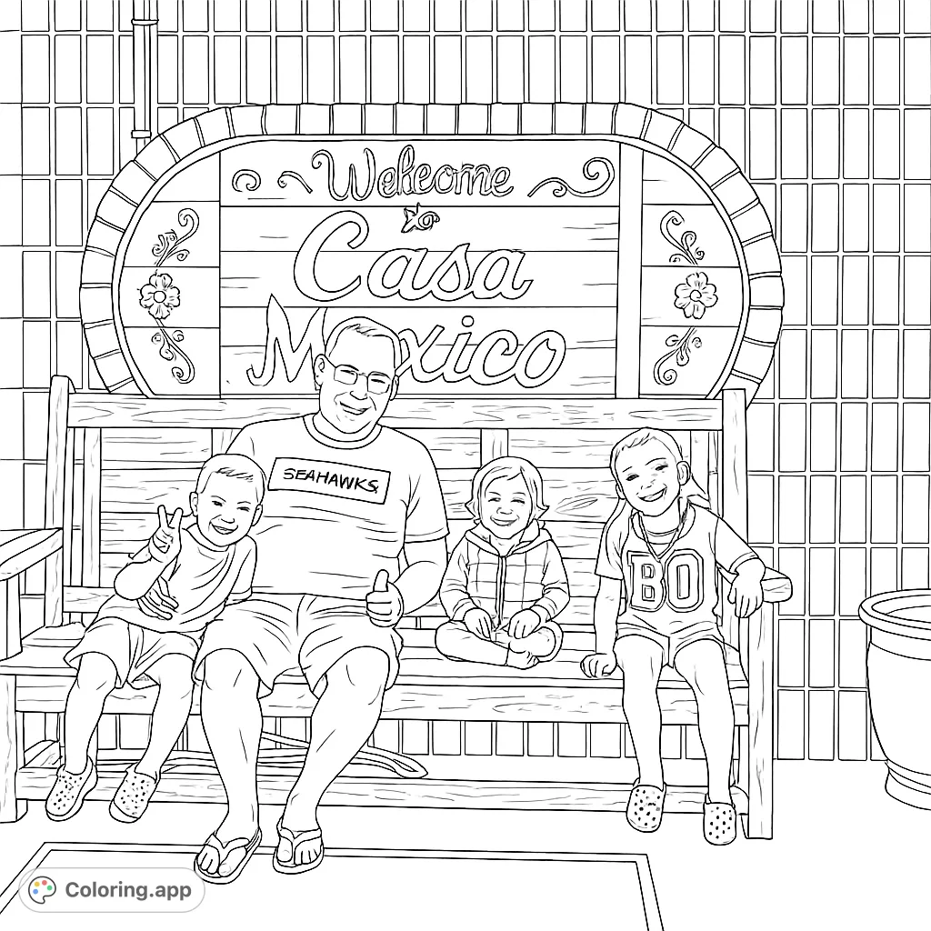A heartwarming family scene on a rustic bench under a "Welcome to Casa Mexico" sign, perfect for a fun and engaging coloring activity.