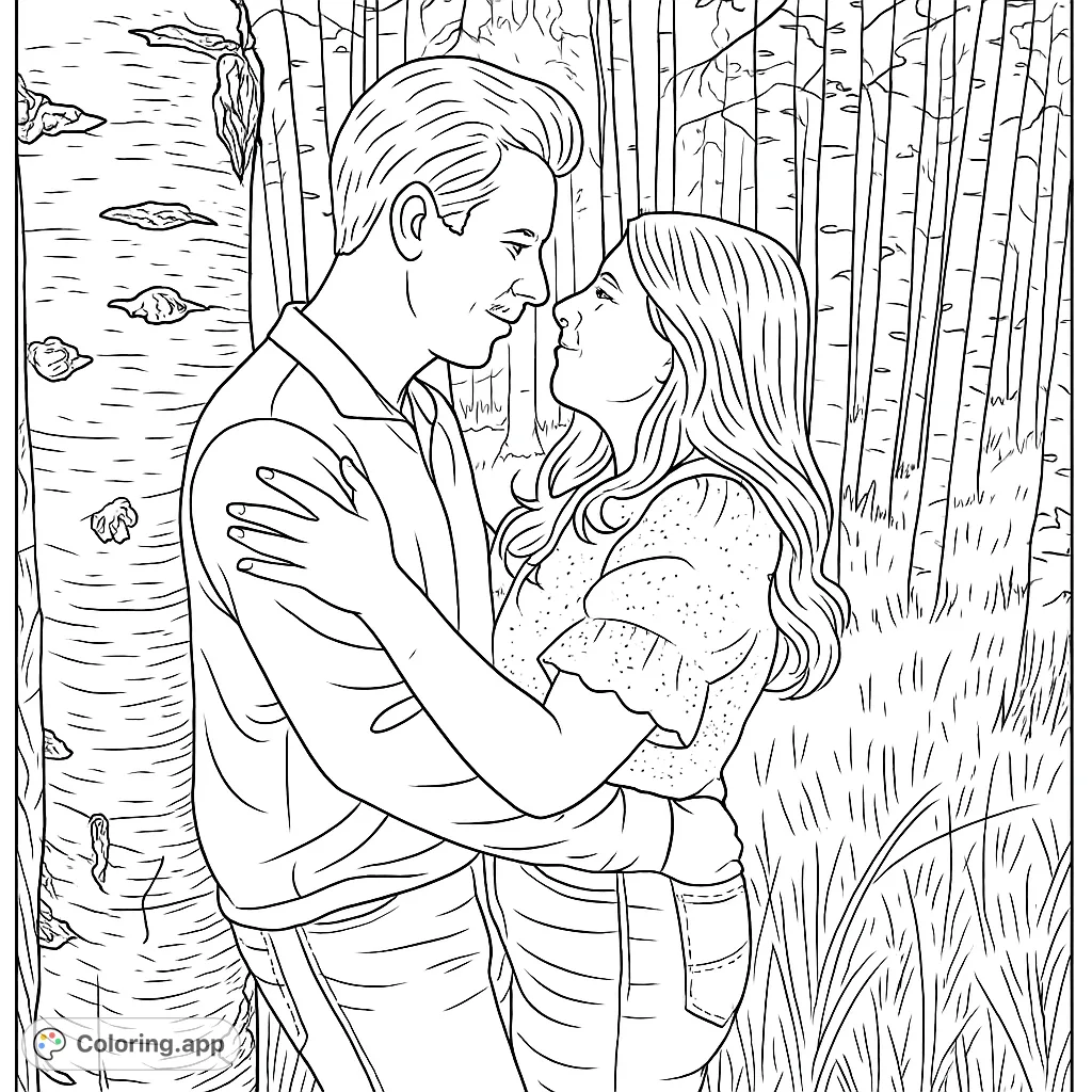 Color a tender moment: a couple embracing in a serene forest, surrounded by detailed trees and natural beauty. A romantic, free printable coloring page.