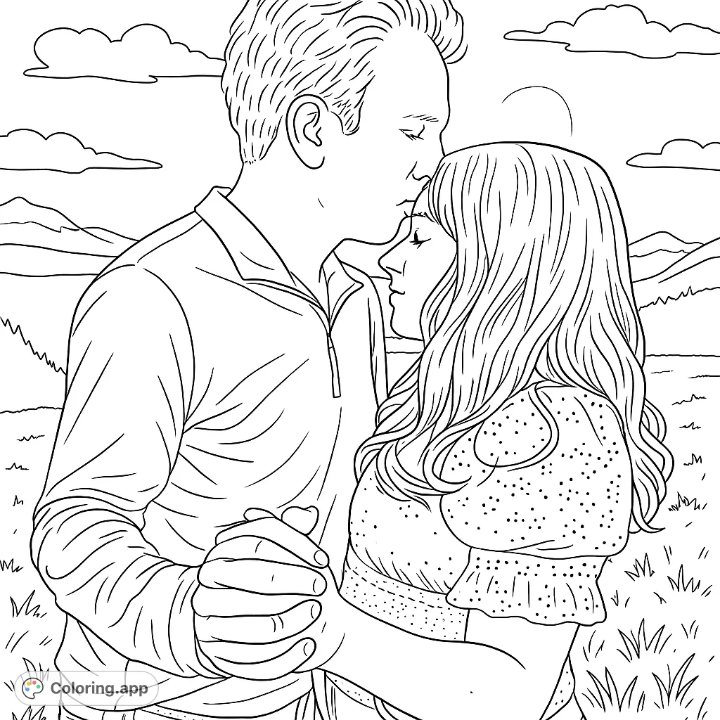 Capture a tender moment between a couple in a scenic mountain landscape. A beautiful romantic coloring page for adults and teens.