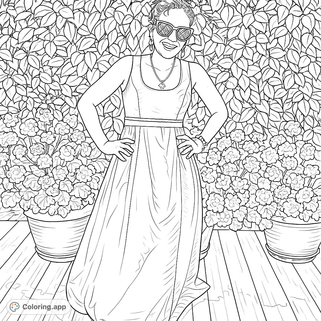 An elegant woman in a flowing gown stands amidst lush garden foliage and potted flowers, perfect for fashion and nature enthusiasts.