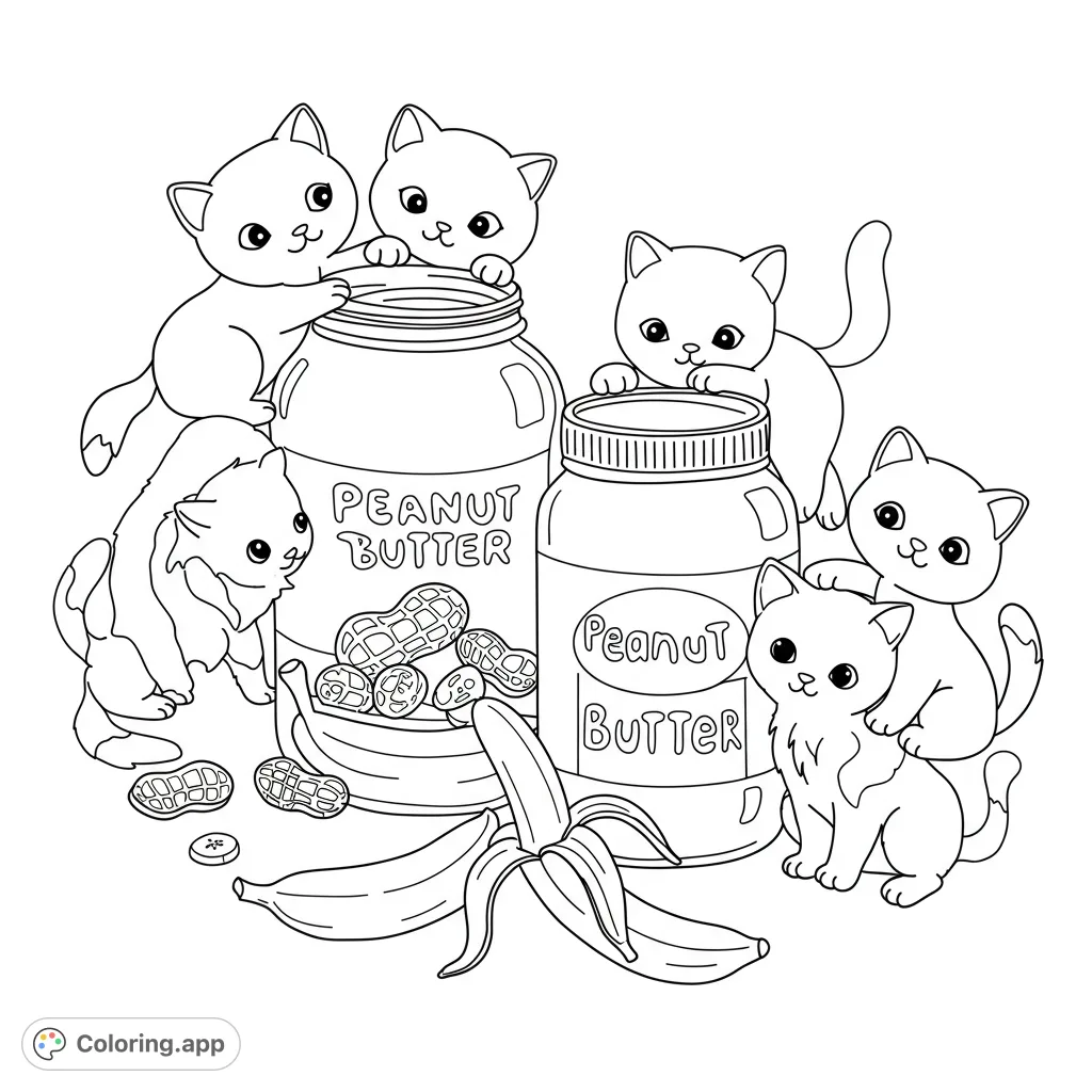 Discover playful kittens interacting with jars of peanut butter and ripe bananas in this charming and whimsical coloring page, perfect for all ages!