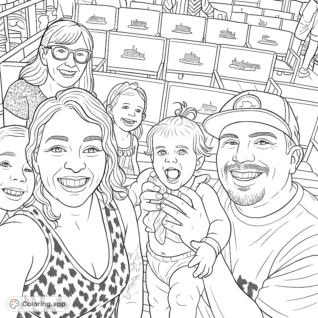 A joyful family selfie on a boat, featuring smiling faces and a lively baby, perfect for a fun, free printable family coloring page.