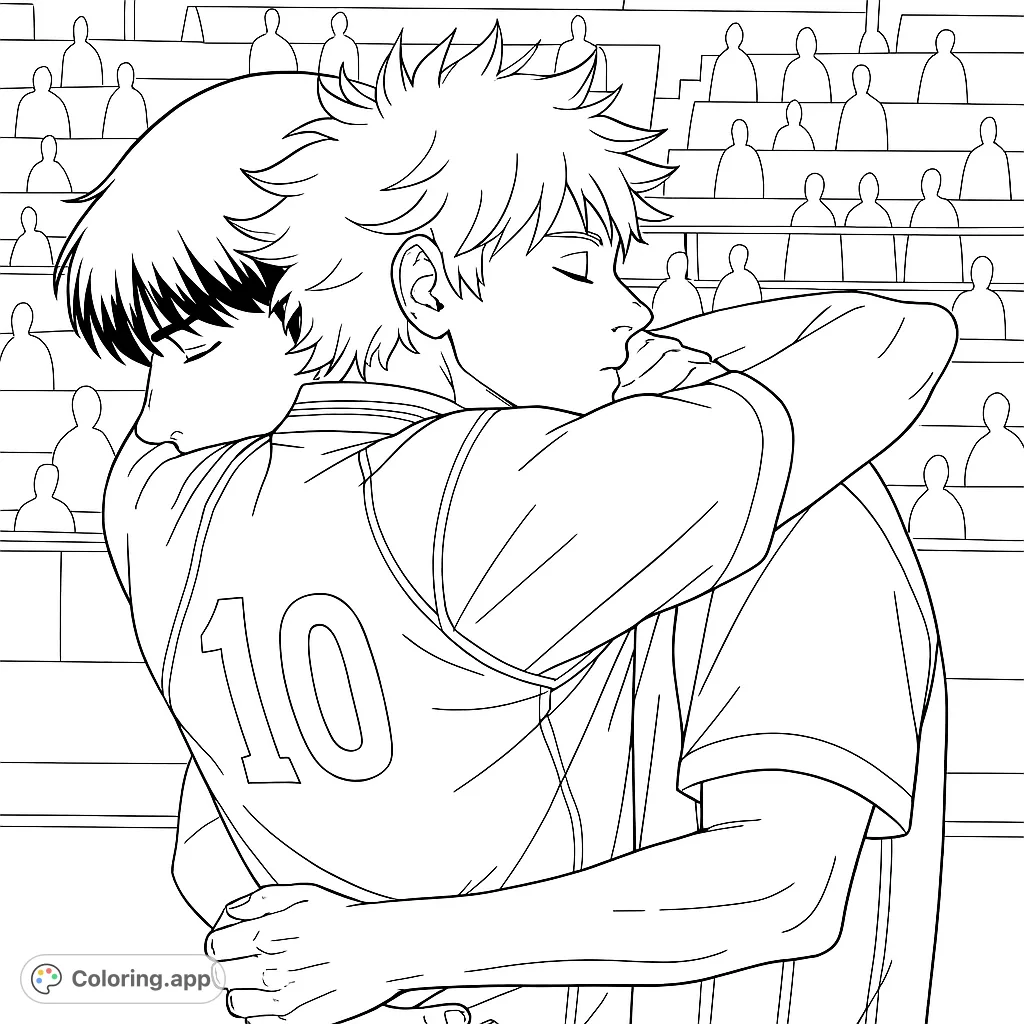 An emotional anime sports embrace coloring page, featuring two characters in a heartfelt hug. Perfect for fans to personalize and bring to life.