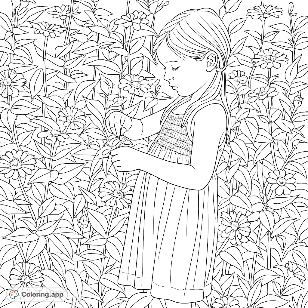 A charming garden scene featuring a young child gently holding blossoms amidst a vibrant array of flowers and lush foliage. Perfect for nature lovers.