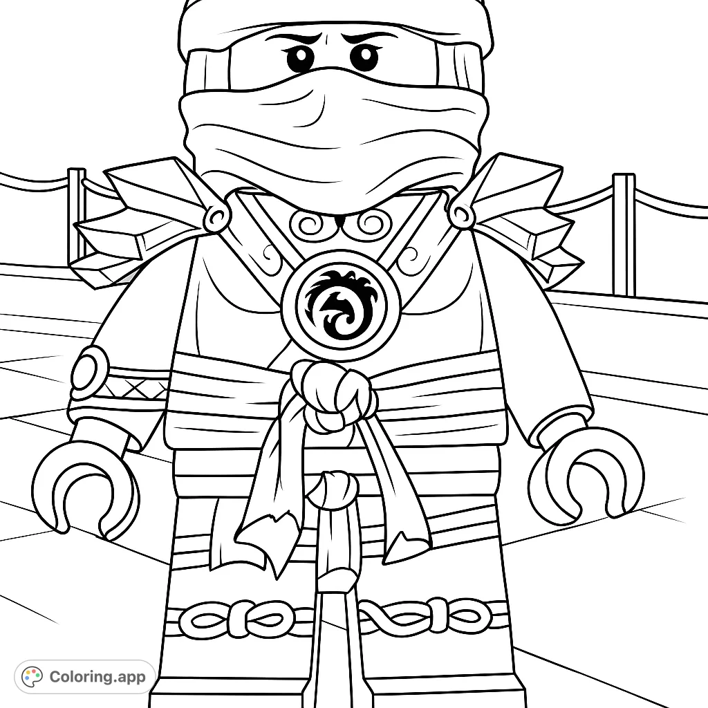 Color a powerful ninja warrior figure with intricate armor, a detailed chest emblem, and flowing sash. Perfect for fans of adventure and martial arts themes.