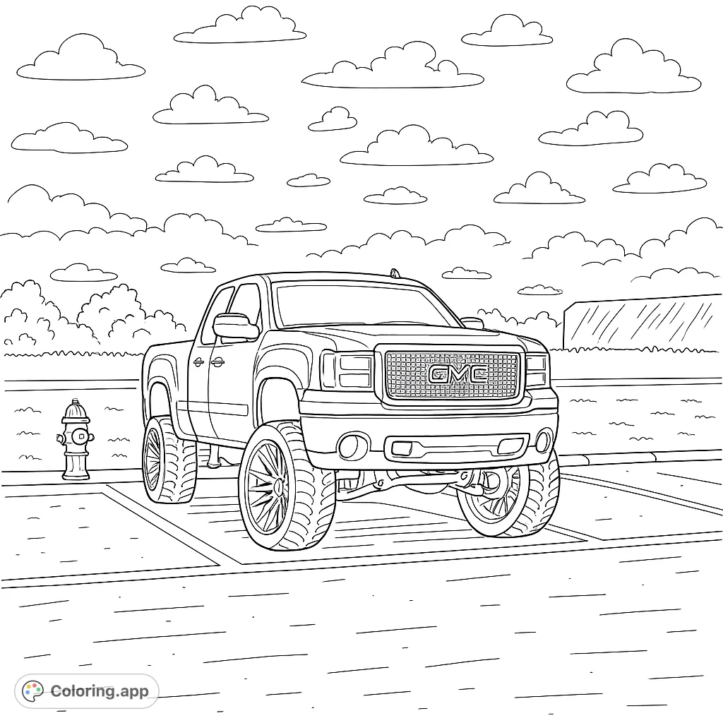 Color a powerful lifted pickup truck with custom wheels in a detailed parking lot scene. Perfect for vehicle enthusiasts and those who love intricate designs.