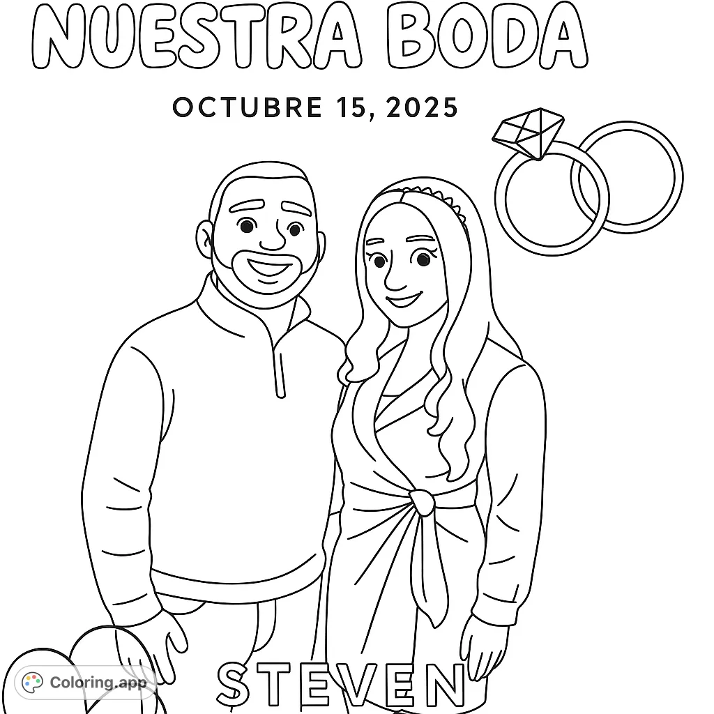 Celebrate love with this charming wedding couple coloring page. Perfect for personalizing a special day with simple, delightful details.