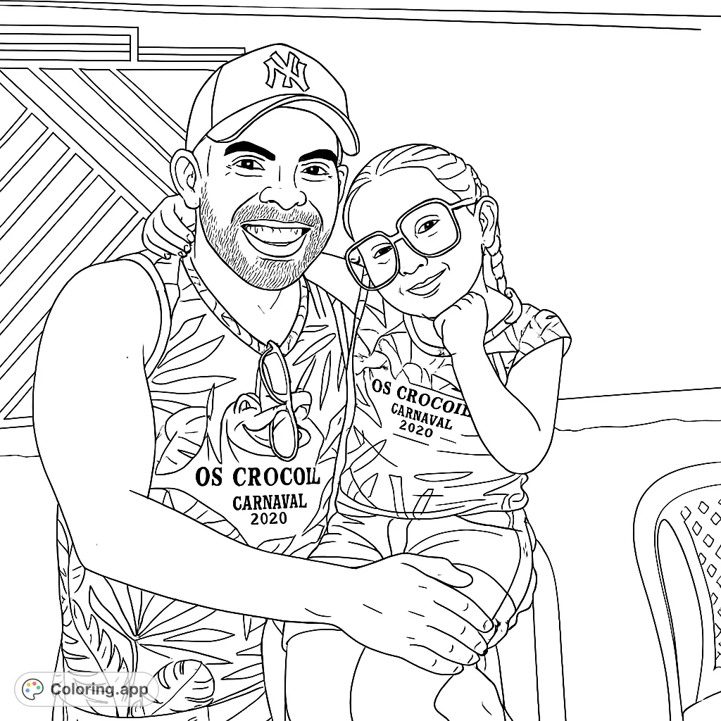 A heartwarming scene of a man and a young girl sharing a joyful embrace, perfect for a family-themed coloring page.