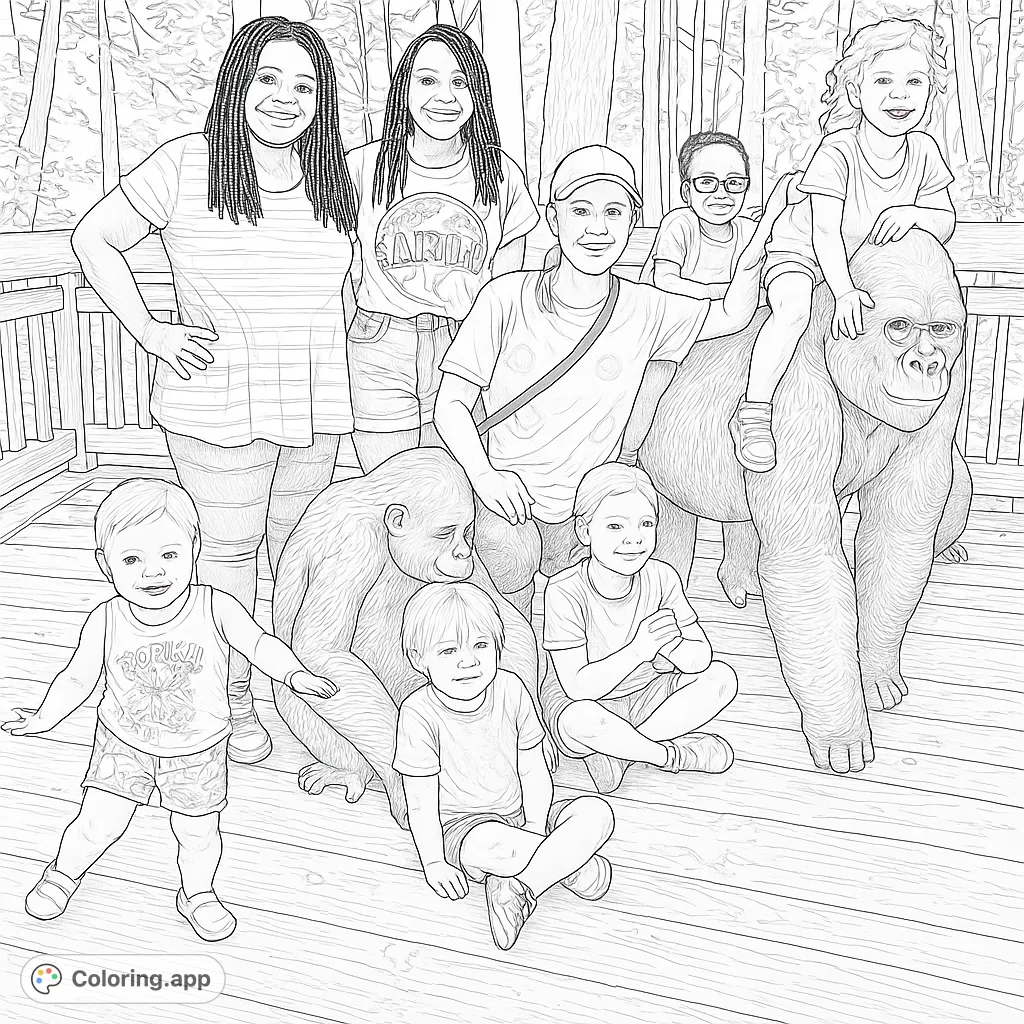 A joyful group of adults and children pose with realistic gorilla statues on a wooden deck, surrounded by lush forest. A fun zoo-themed coloring page.