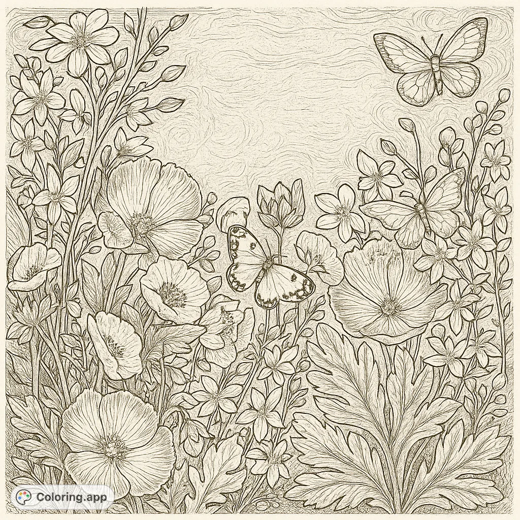 A whimsical vintage garden scene with detailed flowers and playful butterflies, perfect for a relaxing and intricate coloring experience.