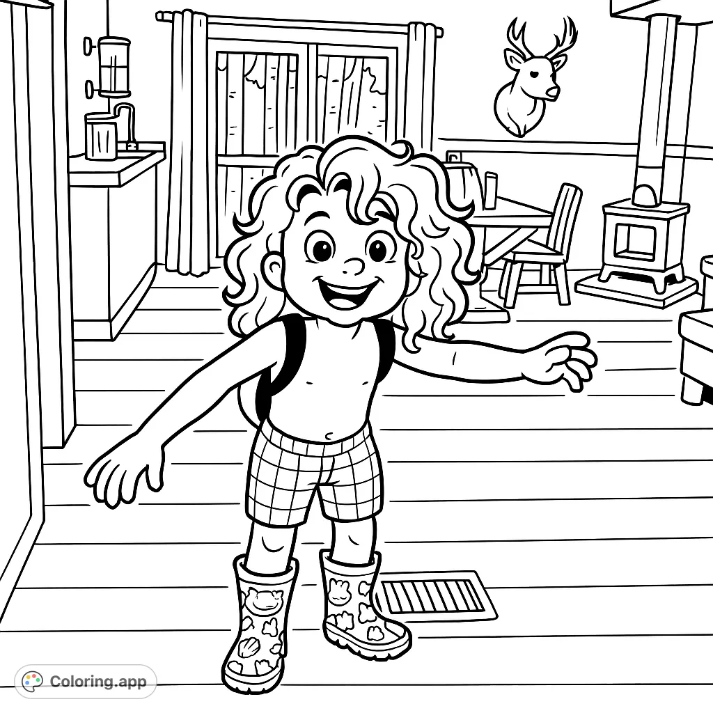 A joyful child in patterned swim shorts and rain boots, ready for adventure. This fun coloring page captures a playful moment indoors with a forest view.