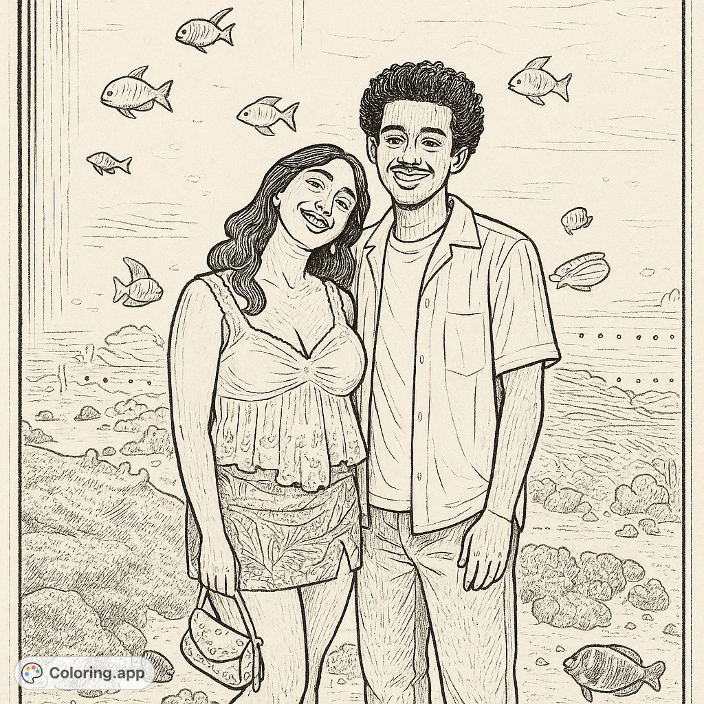 Dive into a vintage aquarium adventure with this charming couple. A free printable aquarium coloring page, perfect for all ages.