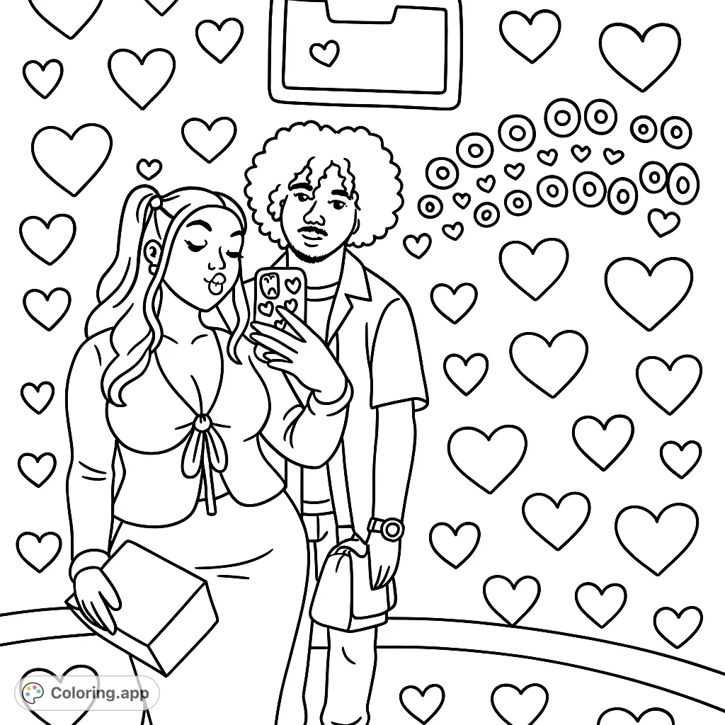 A whimsical couple selfie coloring page, perfect for expressing creativity. Features two playful figures against a fun, patterned background with hearts.