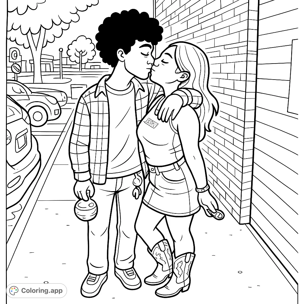 Capture a tender moment with this whimsical couple's kiss coloring page. Perfect for teens and adults, featuring a romantic embrace in a playful cartoony style.
