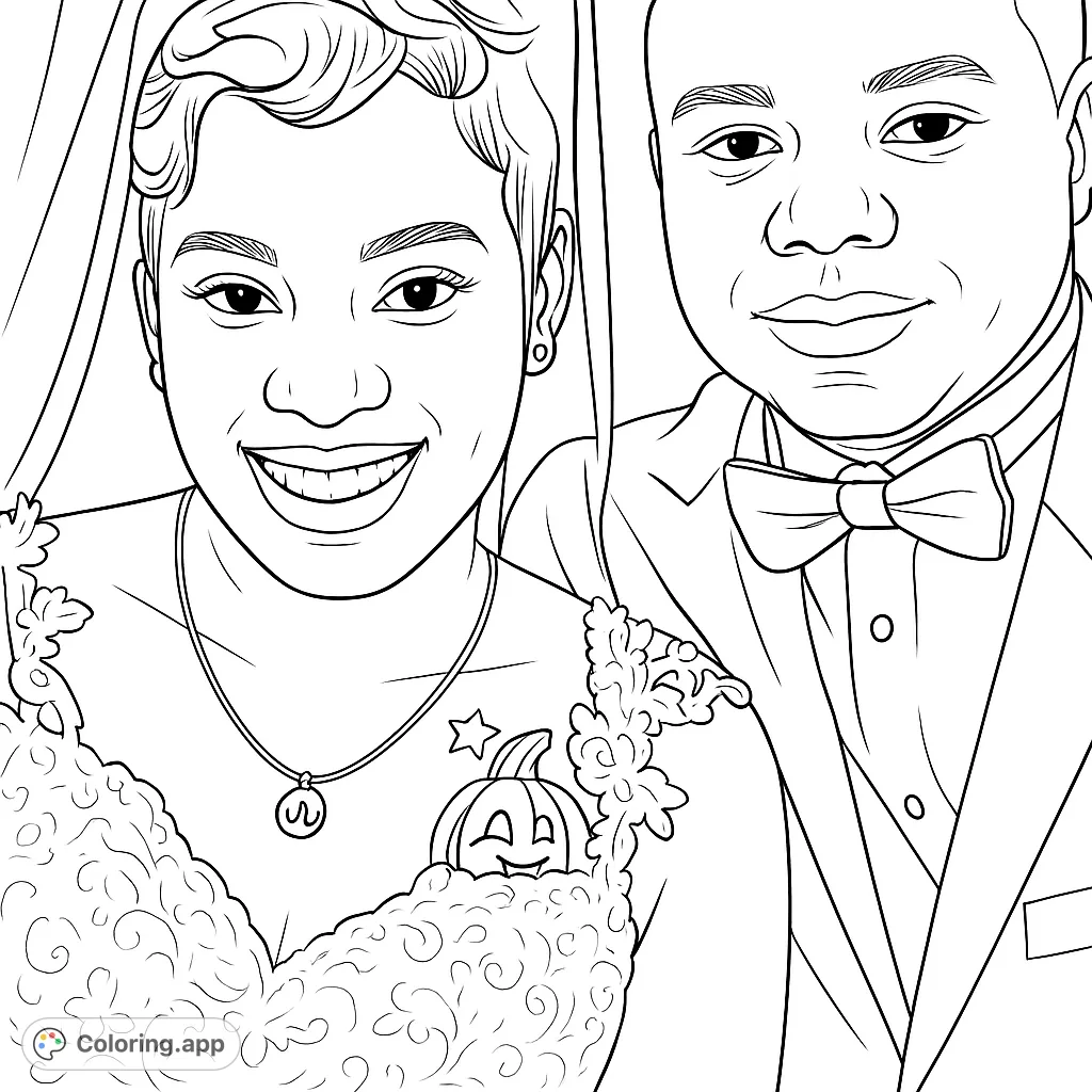 Capture the joy of a smiling couple in formal attire. This detailed portrait features intricate lace, a delicate necklace, and a textured background.