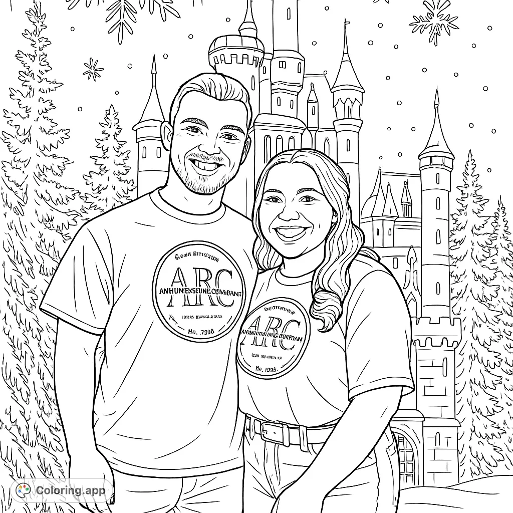 Color a charming duo against a magical winter castle backdrop, complete with snow-covered trees and intricate snowflakes. Perfect for fantasy and winter enthusiasts!